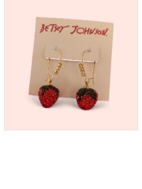 Sparkly red and green strawberry drop Earrings Gold Tone